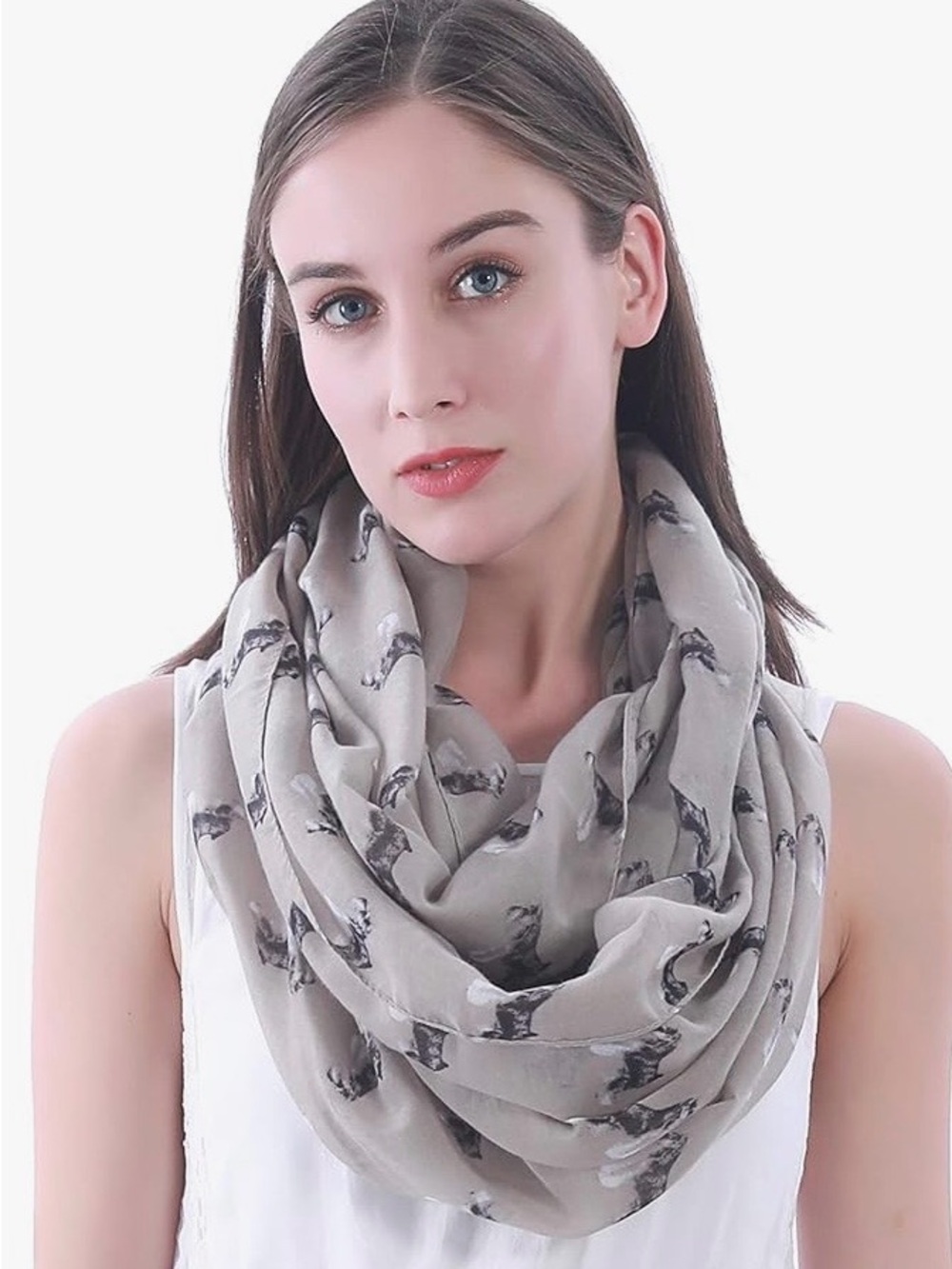 LINA & LILY Beige/Khaki Schnauzer Dog-Print Lightweight gauzy Infinity Scarf